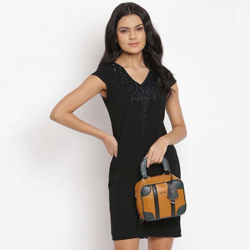 KLEIO Structured Box Shaped Multi Color Top Handle HandBag for Women Girls - Mustard - Image 2